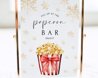 Wydrukowalny znak na bar popcornowy na Boże Narodzenie, bar popcornowy, znak popcornu, noc filmów świątecznych, zimowy bar popcornowy, natychmiastowe pobranie, znak do wydrukowania