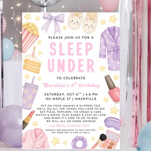 May include: A watercolor invitation for a sleepover party, featuring illustrations of popcorn, cake, slippers, and a robe. The invitation text reads "Sleep Under" and includes party details.