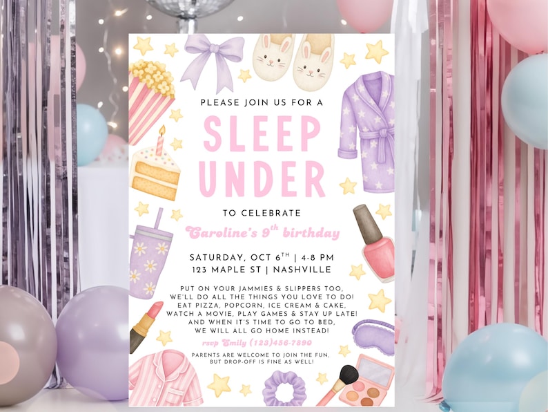 May include: A watercolor invitation for a sleepover party, featuring illustrations of popcorn, cake, slippers, and a robe. The invitation text reads "Sleep Under" and includes party details.