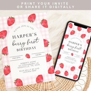 May include: A pink and white gingham patterned invitation with a strawberry design. The invitation reads "Please join us for Harper's berry first birthday" with the date, time, and location. The invitation is also available as a digital file.