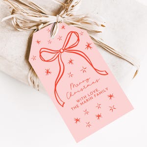 Afdrukbare roze rode strik kerstcadeaukaartjes, bewerkbare sjabloon, cadeaukaartjes voor de feestdagen, Merry Christmas-tags, tags voor kerstcadeaus, tags voor koekjes