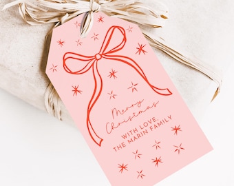 Printable Pink Red Bow Christmas Gift Tags, Editable Template, Holiday Gift Tags, Merry Christmas Tags, Christmas Favor Tags, Cookie Tags