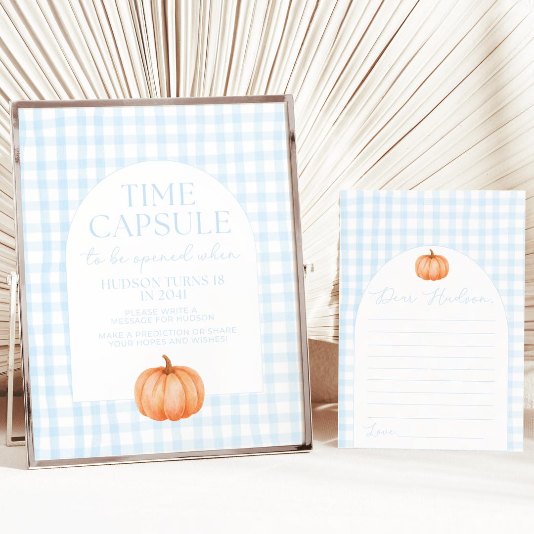 Blue Gingham Pumpkin Birthday Time Capsule Template & Cards (8x10 Sign ...