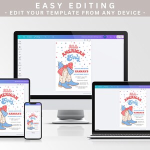 May include: A digital invitation template for a birthday party. The template features a cartoon illustration of a girl wearing cowboy boots and a red, white, and blue bow. The text on the invitation reads "All American Girly" and "Hakkan's 1st Birthday Party".