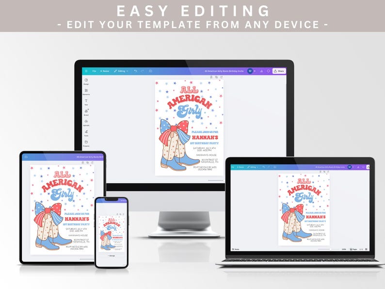 May include: A digital invitation template for a birthday party. The template features a cartoon illustration of a girl wearing cowboy boots and a red, white, and blue bow. The text on the invitation reads "All American Girly" and "Hakkan's 1st Birthday Party".