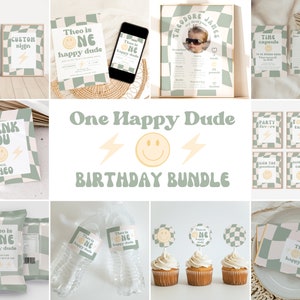 One Happy Dude Birthday Bundle Templates | Green Wavy Check | Instant Download | A116