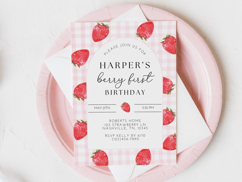 Berry First Birthday Invitation, Strawberry Birthday, Strawberry Invite, First Birthday, Berry 1st Birthday, Girl First Birthday, A165 image 6