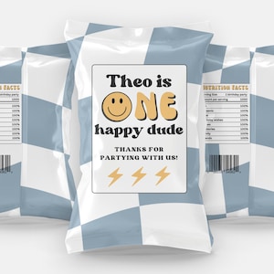One Happy Dude Birthday Printable Chip Bag Editable Template, Boy 1st Birthday, One Happy Dude Party, Smiley Face, Instant Download, A129