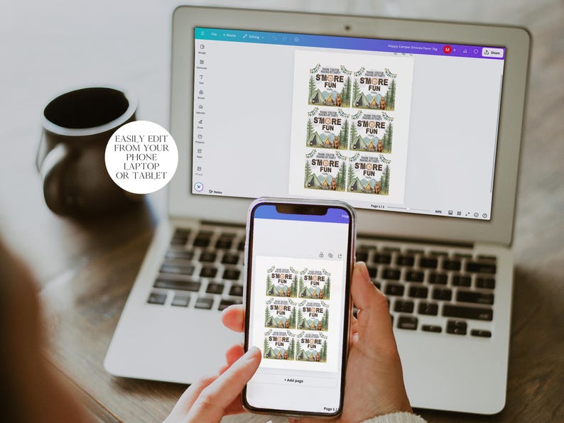 May include: A laptop computer screen displaying a digital design of six printable tags with a camping theme. The tags feature a brown tent, a campfire, and the text "SMORE FUN". A cell phone is in the foreground, displaying the same design on the screen.