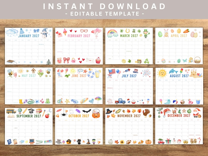 May include: A printable 2027 calendar template with seasonal illustrations for each month. The calendar features a white background with decorative borders and the text "INSTANT DOWNLOAD - EDITABLE TEMPLATE".
