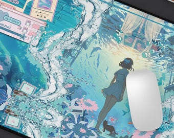 Ghibli Ocean Desk Mat | Lofi Anime Desk Pad | Cozy Gamer Playmat | Kawaii Waves Mouse Pad | Fantasy Gaming Setup | Otaku Office Accessory