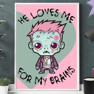 Arte gotica pastello Zombie stampabile Decorazione da parete spettrale San Valentino Regalo carino inquietante Romantico Cervello Amante