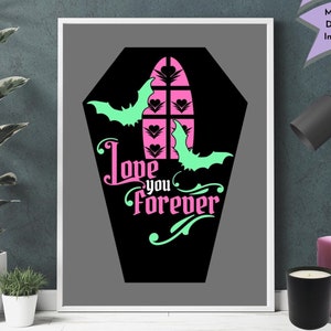 Arte gotica pastello stampabile Decorazione da parete spettrale Amore Pipistrelli San Valentino Raccapricciante Carino Regalo Vampiro Romantico Gotico