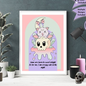 Pastel goth kunst aan de muur griezelig schattig griezelig kawaii kat poster horror cadeau schedel halloween gelukkig planner pagina