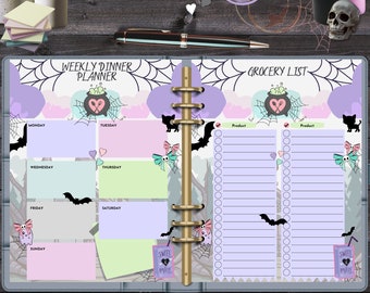Goth Dinner Planner Printable | Pastel Grocery List, Menu Tracker, Creepy Cute Halloween Schedule Shopping List | Kawaii Digital Planner