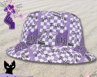 BTS Bucket Hat Purple Festival Hat Kpop Beach Hat Checker Womens Hat Mens Hat Rave Hat BT21 Bts Army Gift Suga V Jungkook Jin RM Jhope Jimin