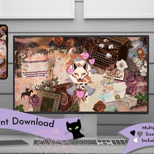 May include: Digital art print with a fox illustration, hearts, roses, and a typewriter. The print has a romantic colour scheme and includes the text "Shall I grant you a wish?" and "Instant Download". The image is displayed on a computer screen and a phone.