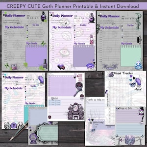 Planificador de autocuidado gótico pastel / Planificador imprimible para TDAH / Diario de seguimiento del estado de ánimo con maquillaje / Organizador diario espeluznante y brujillo / Descarga digital
