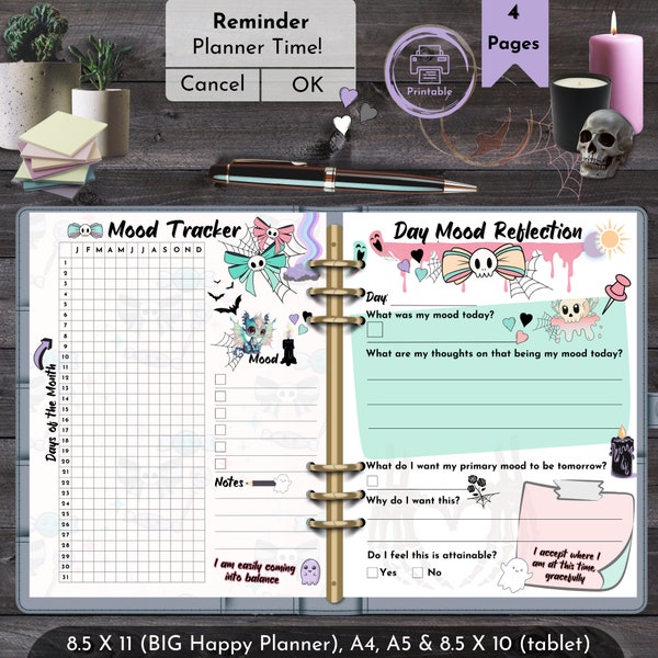 Goth Mood Tracker Daily Monthly Pastel Creepy Cute Mental Health Wellbeing Journal Instant Download Kawaii Horror Happy Planner ADHD PTSD