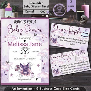 Goth Babypartyeinladungs-Set, druckbare personalisierte Fledermaus-Thema, Bücher für Baby & Windel-Verlosungskarten, gruseliges Baby-Dusche-Dekor