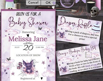 Personalized Goth Baby Shower Invitation | Alt Printable Spooky Shower | Books for Baby Diaper Raffle Set | Custom Bat Baby Shower Decor  |