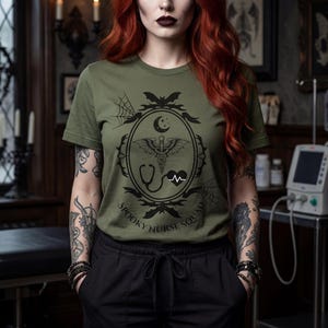 Goth Aesthetic Nurse Shirt Spooky Squad Design Night Shift Worker Apparel Creepy Cute Style Medical Staff Gift Alternative Fashion Top Healthcare Professional Present Dark Style Clothing Halloween Costume Option Nursing Student Gift