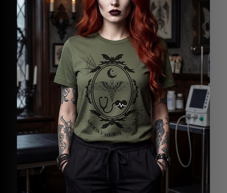 Goth Aesthetic Nurse Shirt Spooky Squad Design Night Shift Worker Apparel Creepy Cute Style Medical Staff Gift Alternative Fashion Top Healthcare Professional Present Dark Style Clothing Halloween Costume Option Nursing Student Gift