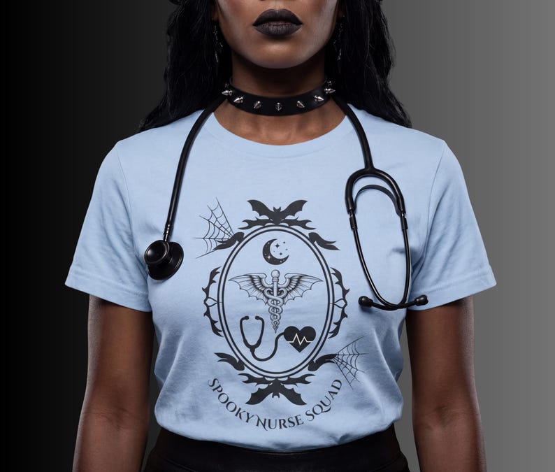 Spooky Nurse Shirt | Goth Nurse Tee | Night Shift RN Shirt | Alt Medical Staff Apparel | Spooky Healthcare Shirt | Creepy Nurse Gift image 6