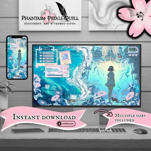 Può includere: Un computer desktop, uno smartphone e accessori sono esposti su una scrivania. Gli schermi del computer e del telefono mostrano un'illustrazione digitale di una persona con un vestito blu. Il testo "DOWNLOAD IMMEDIATO" e "PIÙ DIMENSIONI INCLUSE" è incluso.