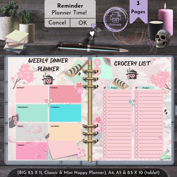 Sakura Dinner Planner | Pastel Kawaii Grocery List | Printable Cherry Blossom Menu Tracker | Pink Shopping List Planner | Cozy Meal Planner