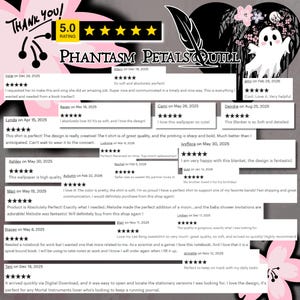 May include: A graphic featuring the shop name "PHANTASM PETALS & QUILL" with a 5-star rating and customer reviews. The design includes a ghost, flowers, and a feather quill, with a pink and black color scheme.