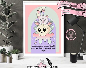 Arte de pared gótico pastel / Juego de pósteres de gatos kawaii espeluznantes / Paquete de decoración de pared imprimible espeluznante / Impresiones artísticas alternativas de gatitos dulces