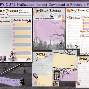 Może przedstawiać: Zestaw drukowanych planerów i stron notatek o tematyce Halloween. Projekty zawierają upiorne ilustracje, w tym szkielet, nietoperze, pajęczyny i dynie. Planery zawierają sekcje dla codziennych harmonogramów i zadań. Tekst na obrazku brzmi "CREEPY CUTE Halloween Instant Download & Printable Planner."
