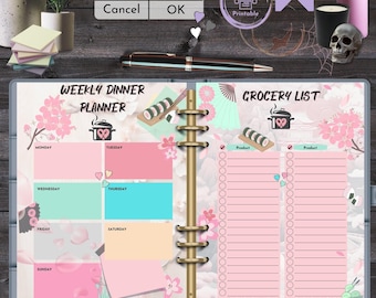 Pink Meal Planner Daily Page | Weekly Dinner Grocery Checklist | Kawaii Template Printable Menu Cherry Blossom | Sakura Shopping List