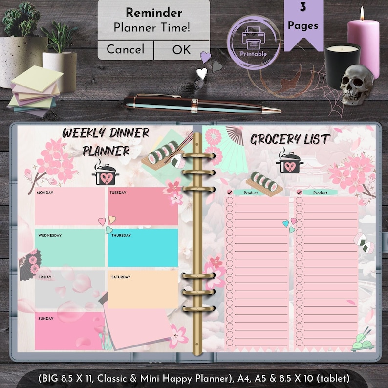 Pink Meal Planner Printable Template Weekly Dinner Planning Schedule Kawaii Cherry Blossom Design Pastel Aesthetic Kitchen Organization Daily Menu Tracker Grocery Shopping Checklist List Download Cute Planning Essential Home Cook Tool