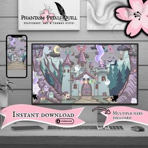 Pastell Goth Castle skrivbordsbakgrund | Alt Spooky PC-bakgrund | Mjuk Goth speluppsättning | Kuslig söt datorbakgrund | Kawaii mobil