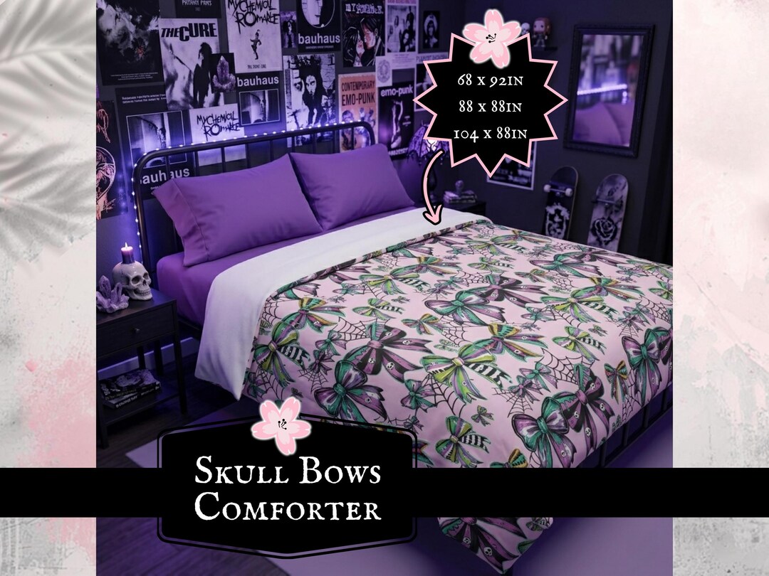 Pastel Goth Skull Bows Comforter | Pink Skull Bedding | Emo Bedding ...