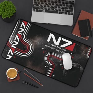 Mass Effect Desk Mat | N7 Desk Pad | Sci-Fi Gamer Desk Mat | Commander Shepard Gaming Setup | Mass Effect Gaming Mat | N7 Day Office Decor