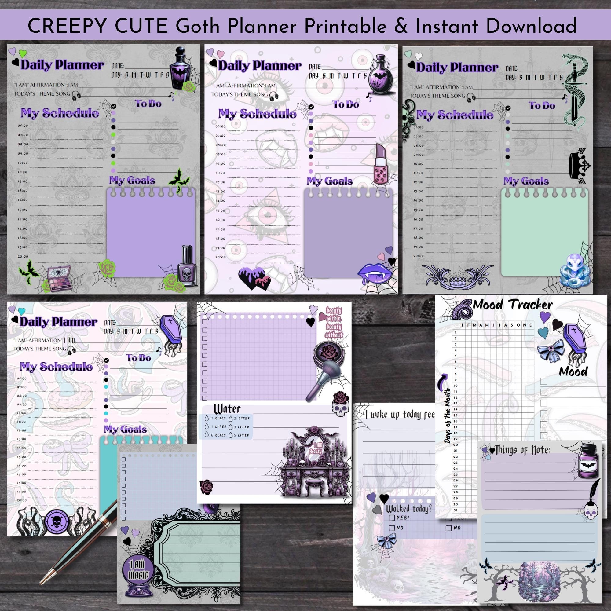 Goth Planner Printable | Witchy Stationery, Pastel Gothic Makeup Mood Tracker | ADHD, Elder Emo, Happy Planner Instant Download