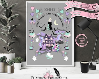 Set de arte gótico pastel / Decoración de pared kawaii espeluznante y acogedora / Pósteres de mansiones embrujadas góticas suaves / Arte de pared imprimible espeluznante y tierno / Hogar gótico