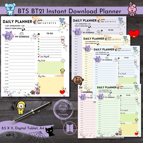 BTS BT21 Daily Planner Instant Download K-pop Gift Undated Daily Tracker Happy Planner Pages