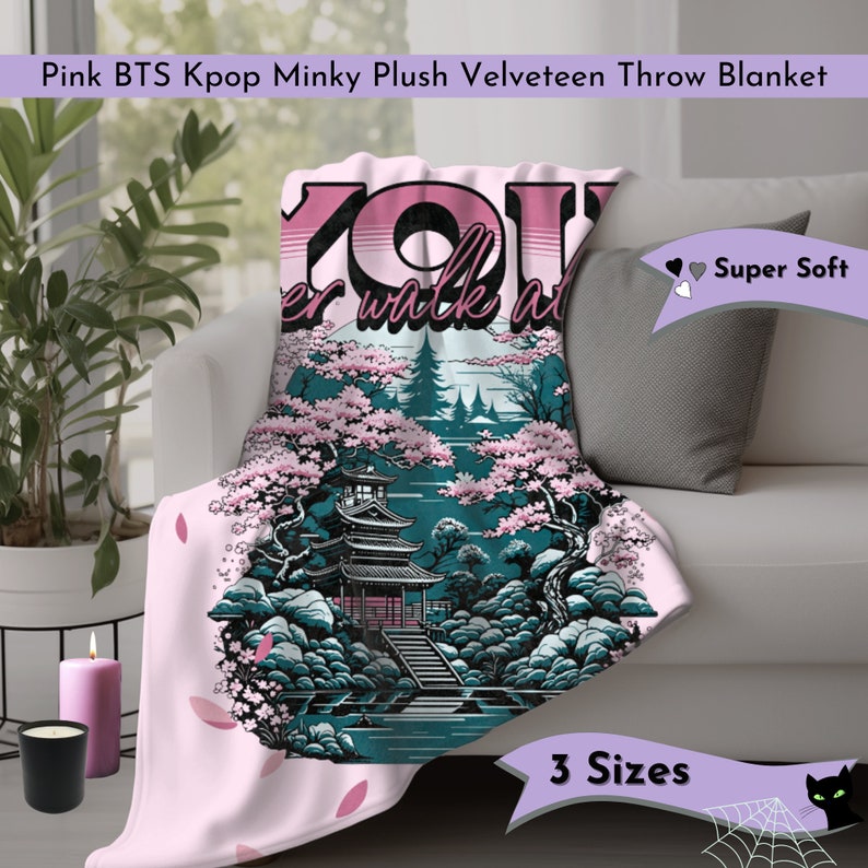 BTS Blanket Kpop Blanket Army Gift Minky Velveteen Cherry Blossom Blanket Cozy Kawaii BTS Gift