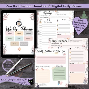 Zen Daily Planner Tracker Mindful Yoga Journal Gratitude Wellness Skin Care Sheet Happy Planner Printable Digital Pages