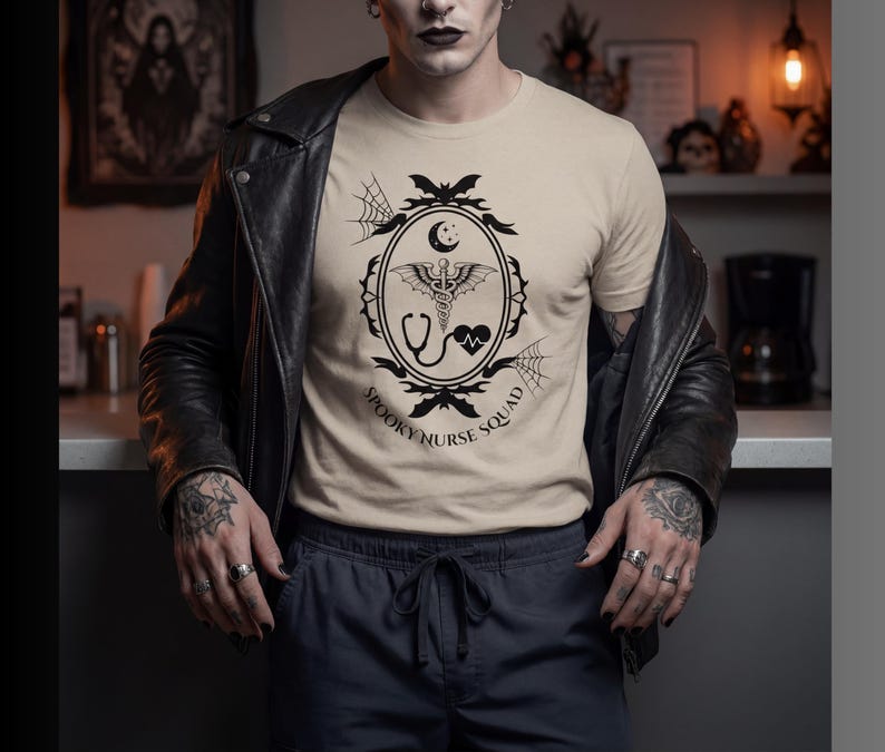 Alternative Fashion Tee Spooky Nurse Squad Shirt Night Shift Design Healthcare Worker Gift Gothic Style Apparel Medical Staff Present Creepy Cute Aesthetic Dark Clothing Option Halloween Costume Idea Nursing Student Gift Professional Wear