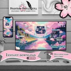 Sfondo desktop ispirato a Ghibli / Configurazione PC Lofi pastello / Sfondo computer per giocatori accoglienti / Configurazione sala giochi / Sfondo PC per telefono con streamer