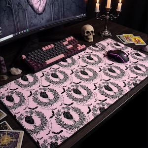 Pink Goth Desk Mat | Creepy Alt Desk Pad | Gothic Style Workspace & Gaming | Spooky Macabre Office Decor | Soft Goth Gift | Dark Academia