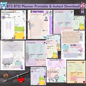 May include: A collection of printable BTS BT21 planners with various designs, including daily, mood tracker, and self-love pages. The planners feature colorful illustrations, text, and space for notes and scheduling. A pen and stickers are also included.