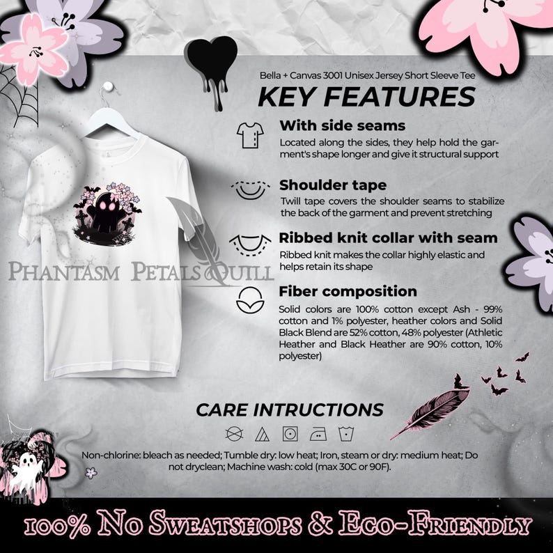 May include: White short-sleeve t-shirt with a black graphic of a ghost and flowers. The shirt has side seams, shoulder tape, and a ribbed knit collar. The text "PHANTASM PETALS QUILL" is printed on the shirt. The shirt is made of cotton and polyester.