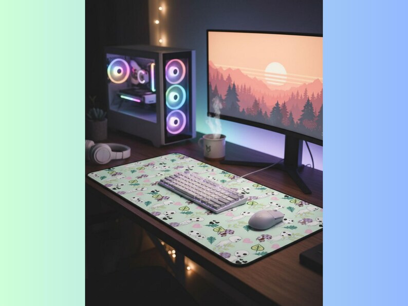 May include: A gaming setup featuring a desktop computer with colorful LED lights, a monitor displaying a sunset scene, and a patterned mousepad. A white keyboard and mouse are on the mousepad. A mug with a cat design is on the desk.
