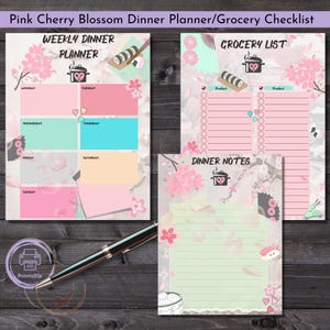 Kawaii Cherry Blossom Meal Planner Pink Pastel Aesthetic Printable Template Weekly Dinner Schedule Planning Tool Grocery Checklist List Organizer Daily Menu Tracker Download Cute Sakura Design Kitchen Essential Digital Planning Page Instant